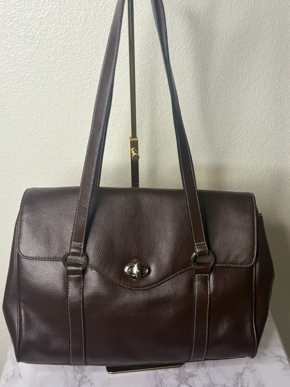 Women's Dark Brown Leather Shoulder Bag with Turn-Lock Closure